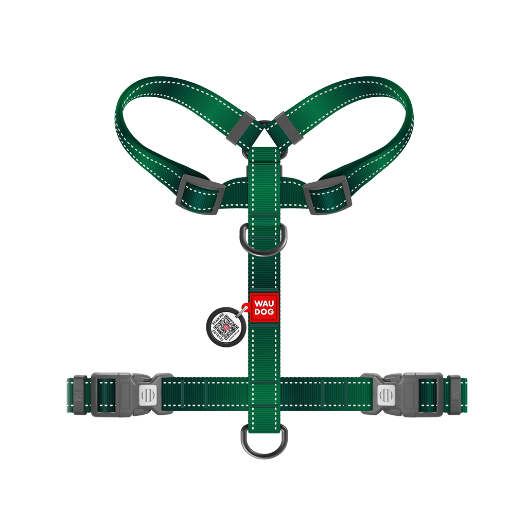 Шлея для собак WAUDOG Nylon Mono анатомічна H-подібна з QR паспортом, пластиковий фастекс, L зелена (545818) - зображення 3