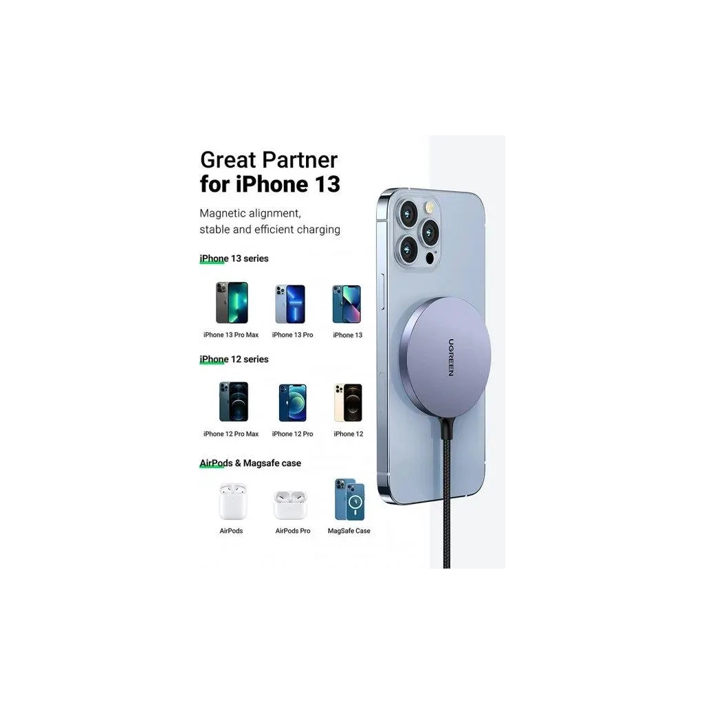 Зарядний пристрій Ugreen Magnetic Wireless Charger 15W CD245 (30233) - зображення 3