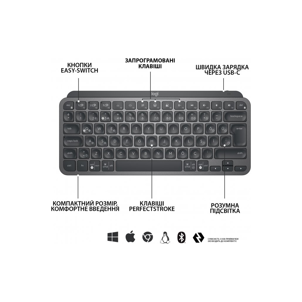 Клавіатура Logitech MX Keys Mini Wireless Illuminated UA Graphite (920-010498) - зображення 5