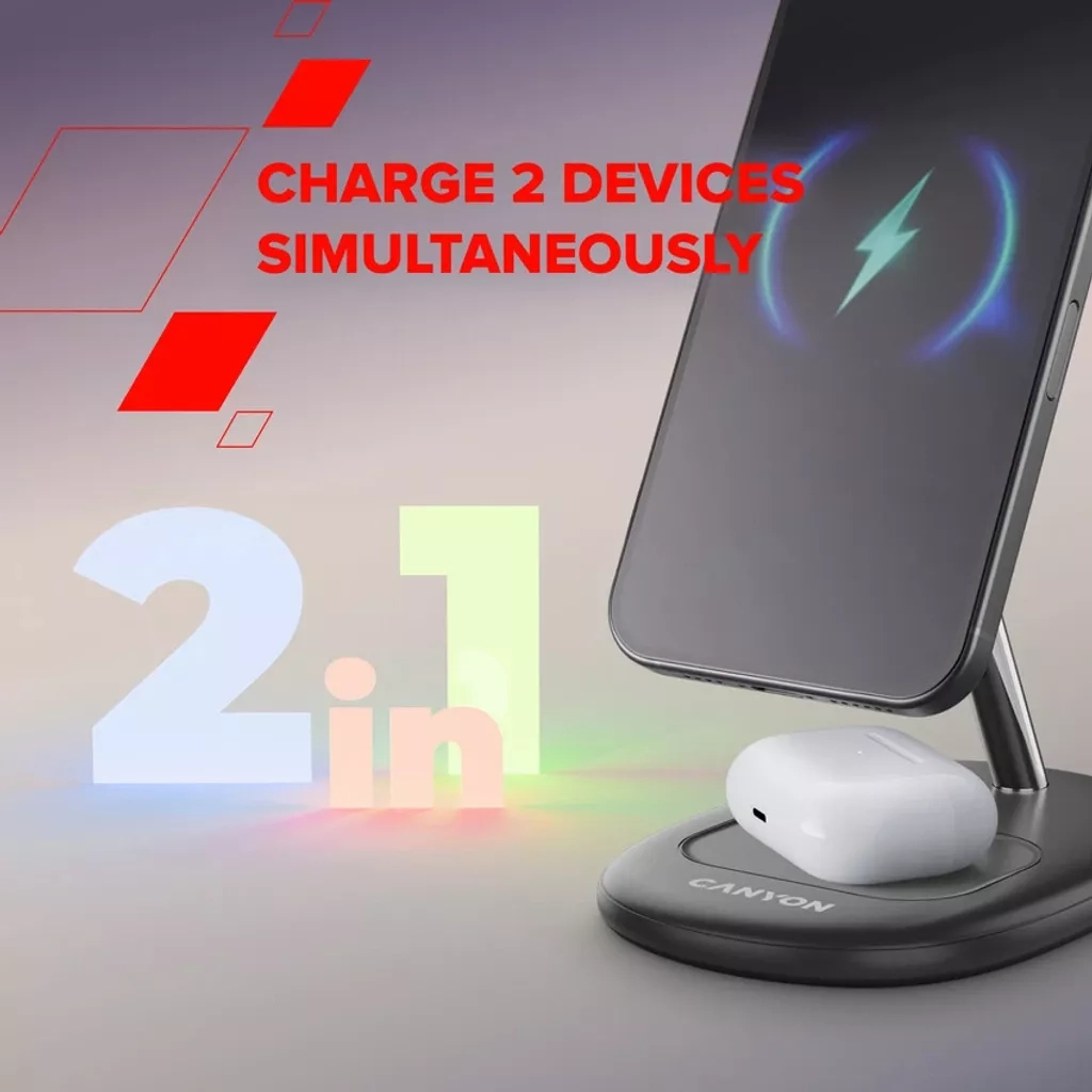 Зарядний пристрій Canyon wireless charger WCS-205 15W Qi2 2in1 w/o adapter Black (CNS-WCS205BW/A) - изображение 12