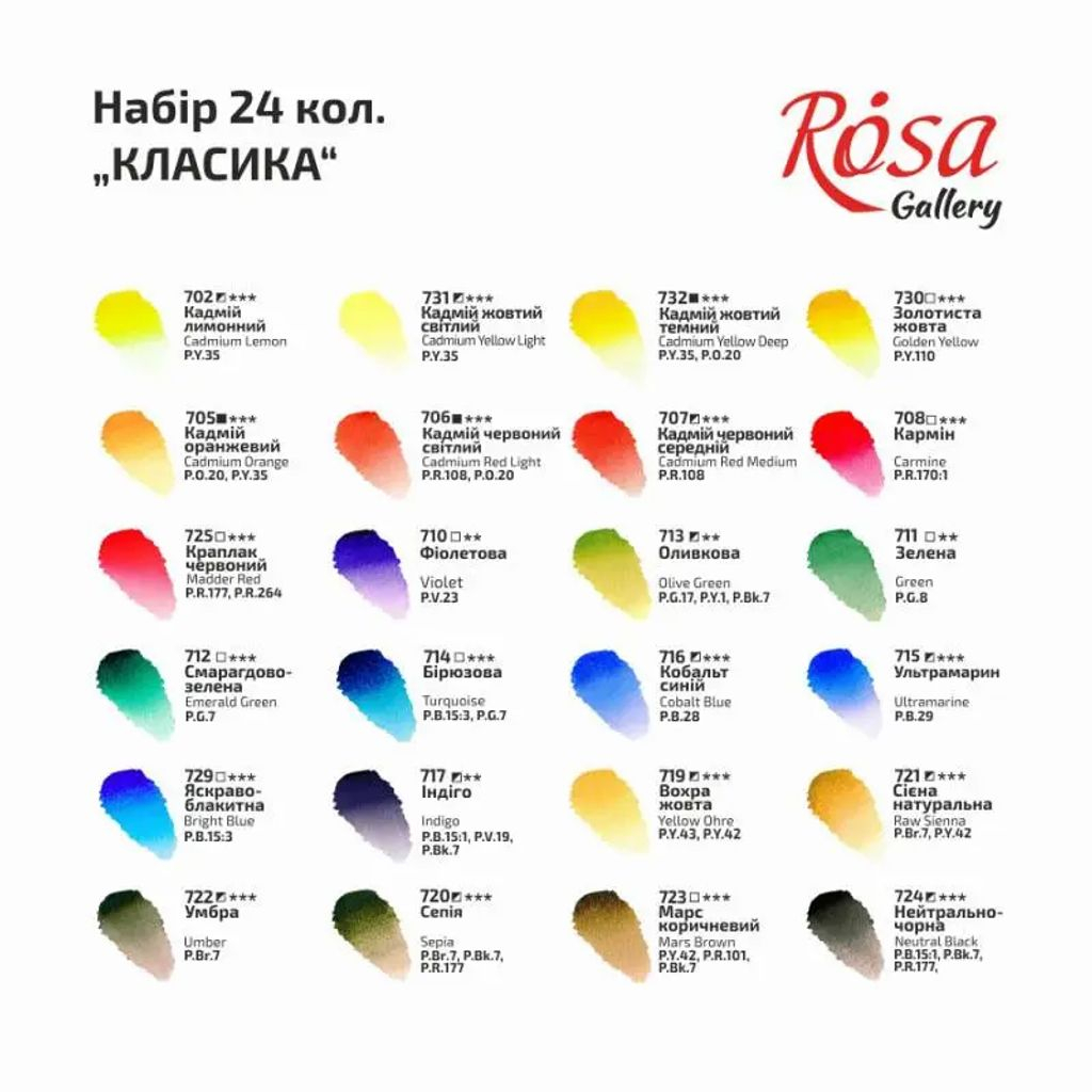 Акварельні фарби Rosa Gallery Класика 24 кольори 2.5 мл кювета, картон (4823098502821) - изображение 4