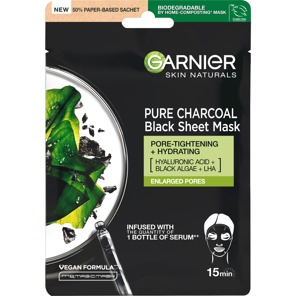 Маска для обличчя Garnier Skin Naturals Чорна Тканинна Вугілля + Чорні водорості 28 г (3600542097208) - изображение 1