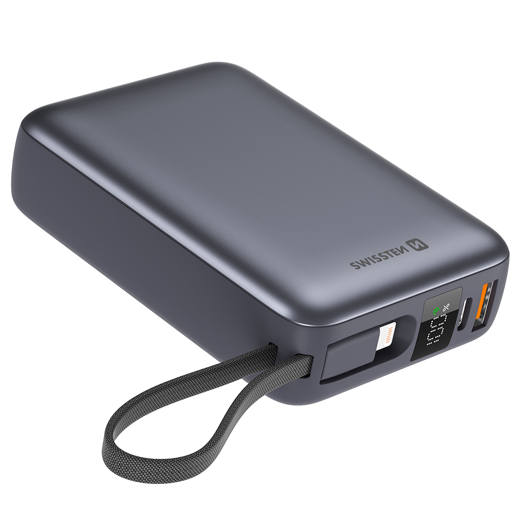 Батарея універсальна SWISSTEN 20000mAh SPACE 22/5W PD QC w/built-in cables USB-C/LIGHTNING Silver (8595217490598) - зображення 1