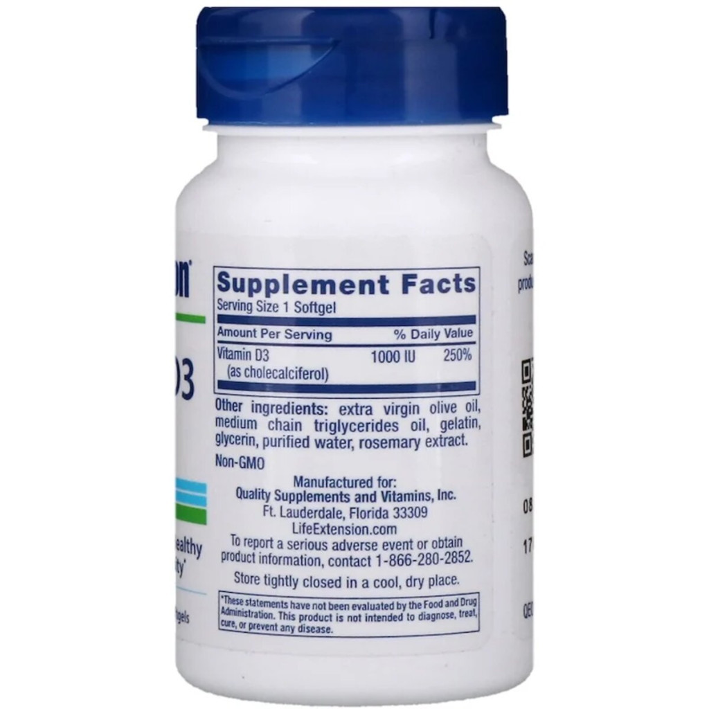 Вітамін Life Extension Вітамін D3, Vitamin D3, 25 мкг (1000 МE), 90 гелевих капсул (LEX-17539) - зображення 2