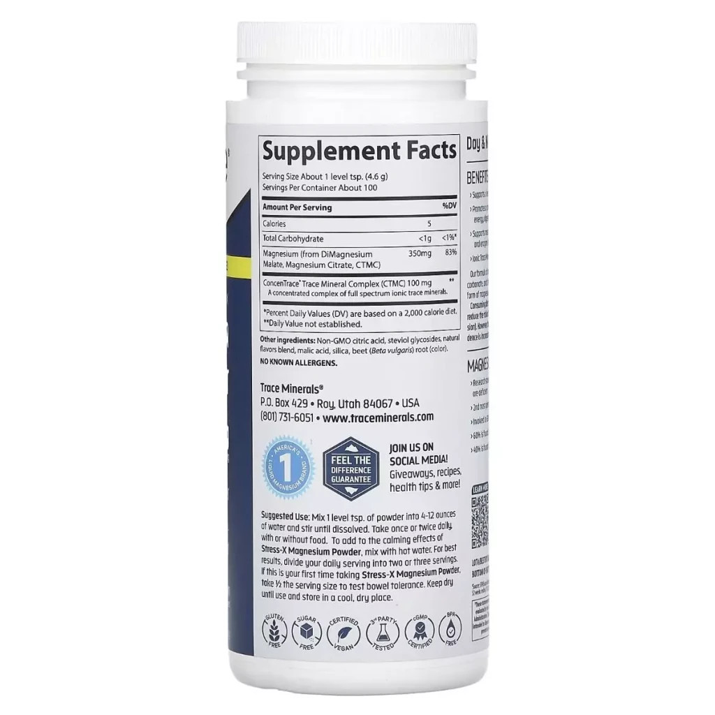 Мінерали Trace Minerals Магній, смак малина-лимон, 350 мг, Stress-X, Magnesium Powder, 460 гр (TMR-00350) - зображення 2