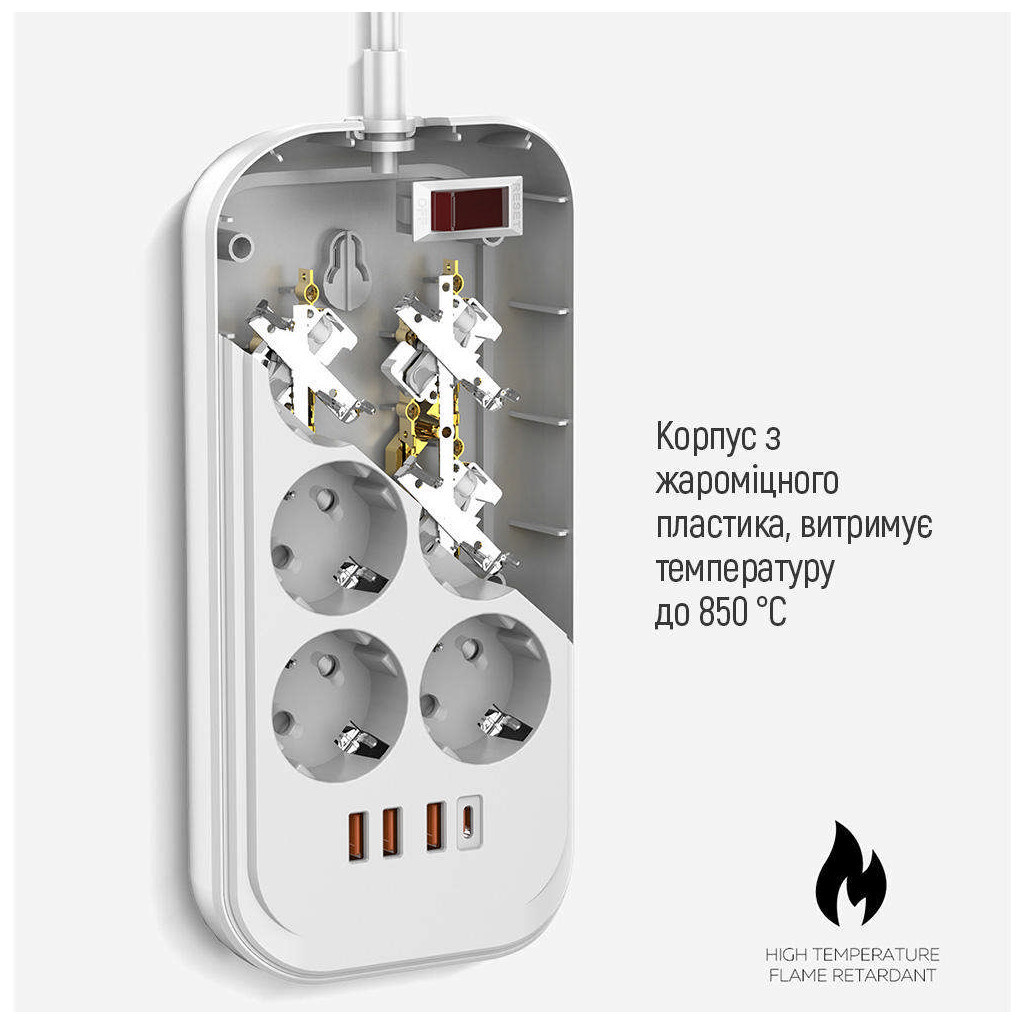 Мережевий фільтр живлення ColorWay CW-CHE64PDW, 6 розеток/4USB 2M (CW-CHE64PDW) - зображення 9