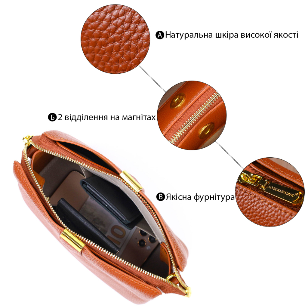 Сумка Vintage Жіноча на три відділення з натуральної шкіри Руда (22105) - зображення 5