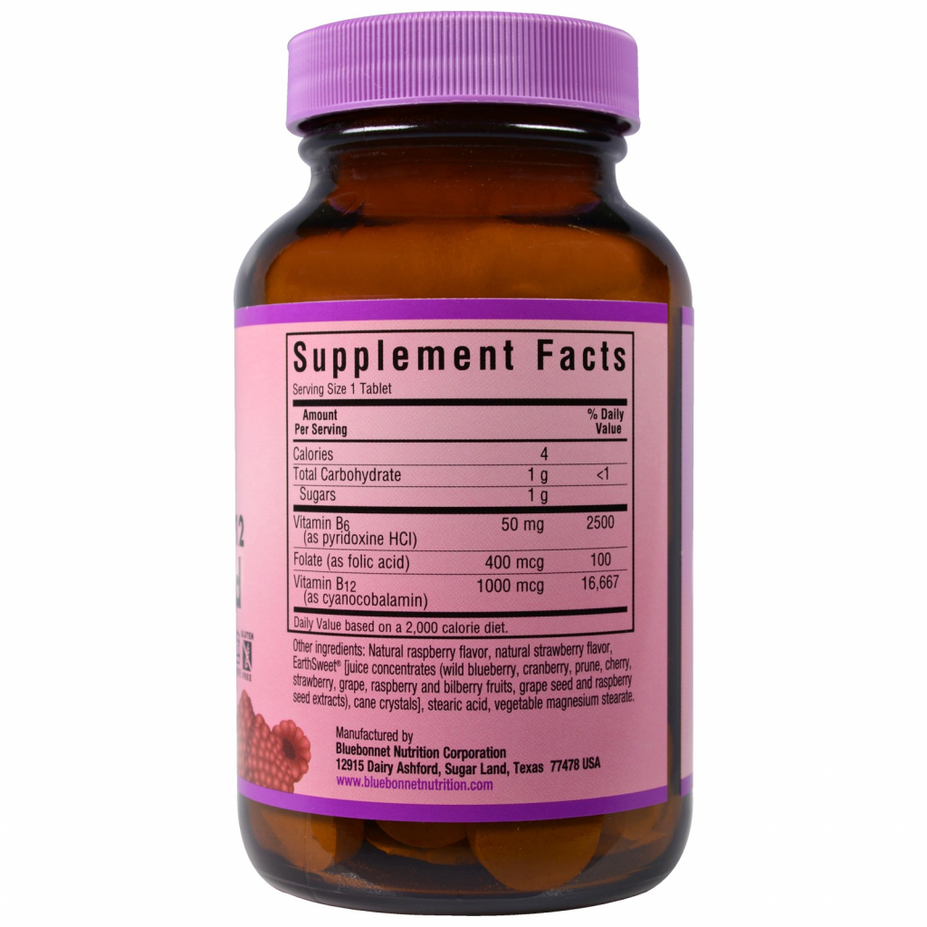 Вітамін Bluebonnet Nutrition Вітамін В6, B12 + Фолієва кислота, Смак Малини, Earth Sweet (BLB-00445) - зображення 2