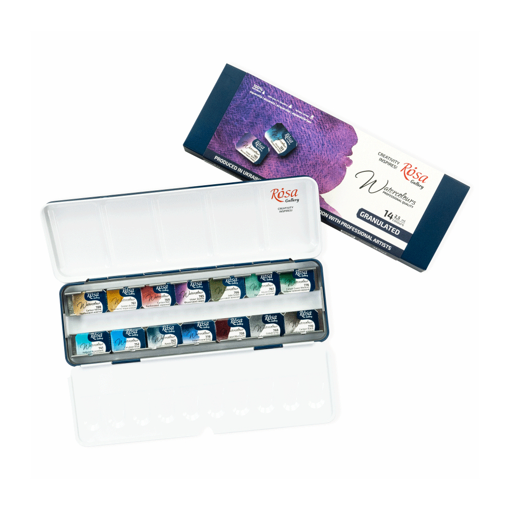 Акварельні фарби Rosa Gallery GRANULATION 14 кольорів по 2,5 мл в металевому пеналі (4823098544128) - изображение 6