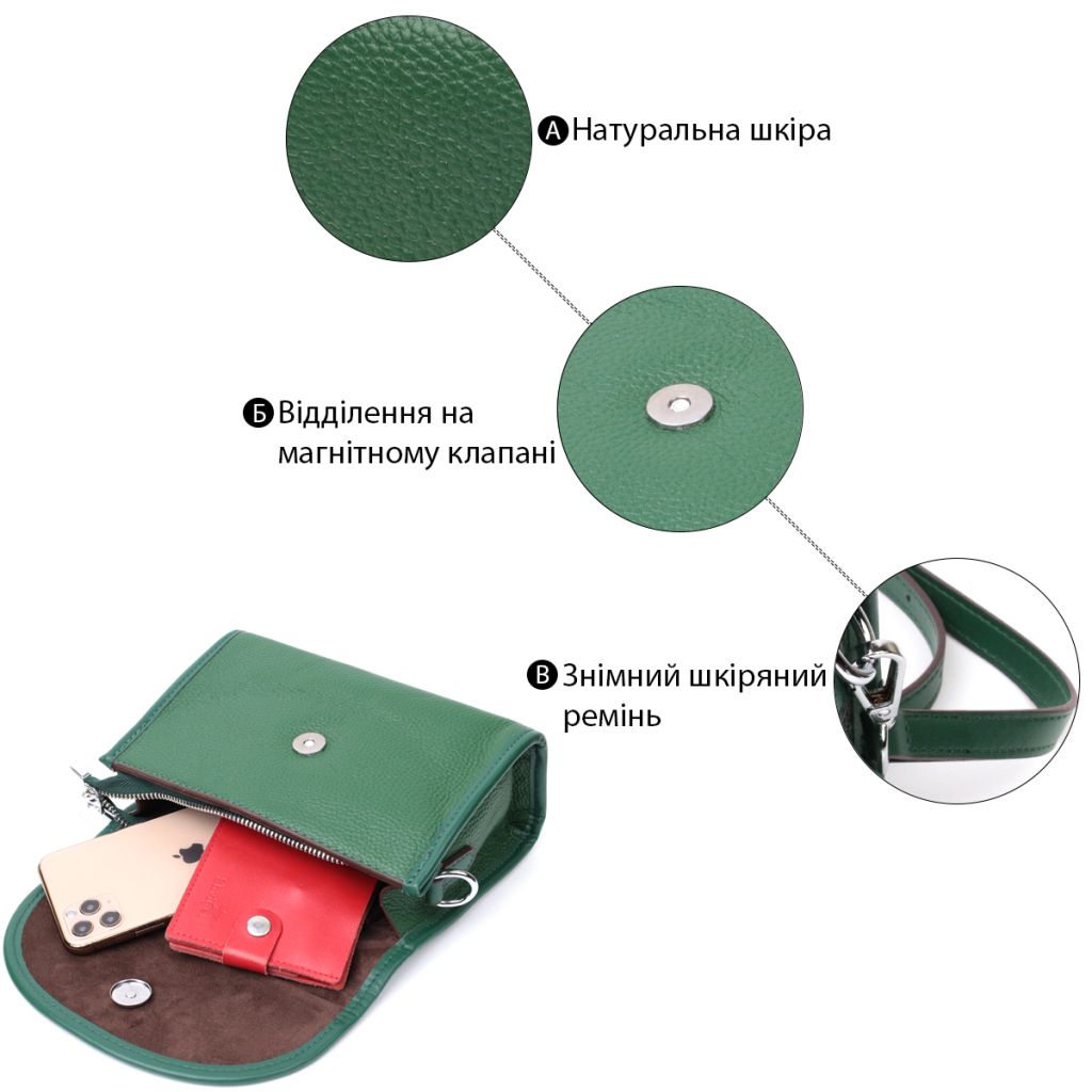 Сумка Vintage Компактна жіноча шкіряна з напівкруглим клапаном Зелена (22260) - зображення 5