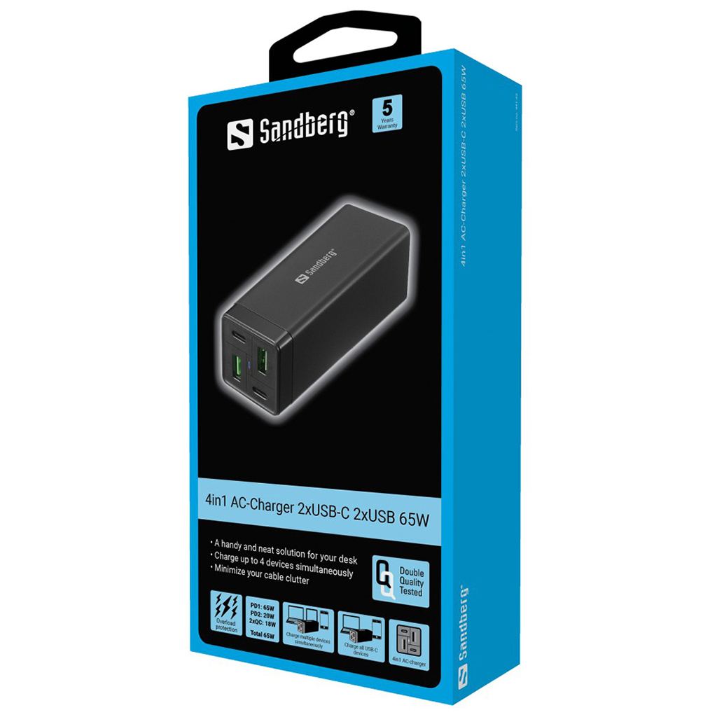 Зарядний пристрій Sandberg 4in1 2xUSB-C 2xUSB PD 65W QC 3.0 20W (441-45) - зображення 5
