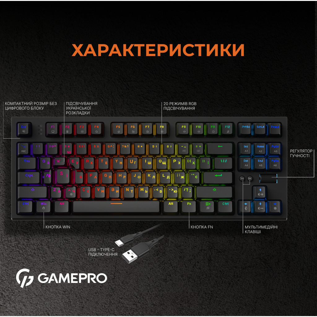 Клавіатура GamePro MK180B Hot-Swap Red Swich RGB USB UA Black - зображення 6