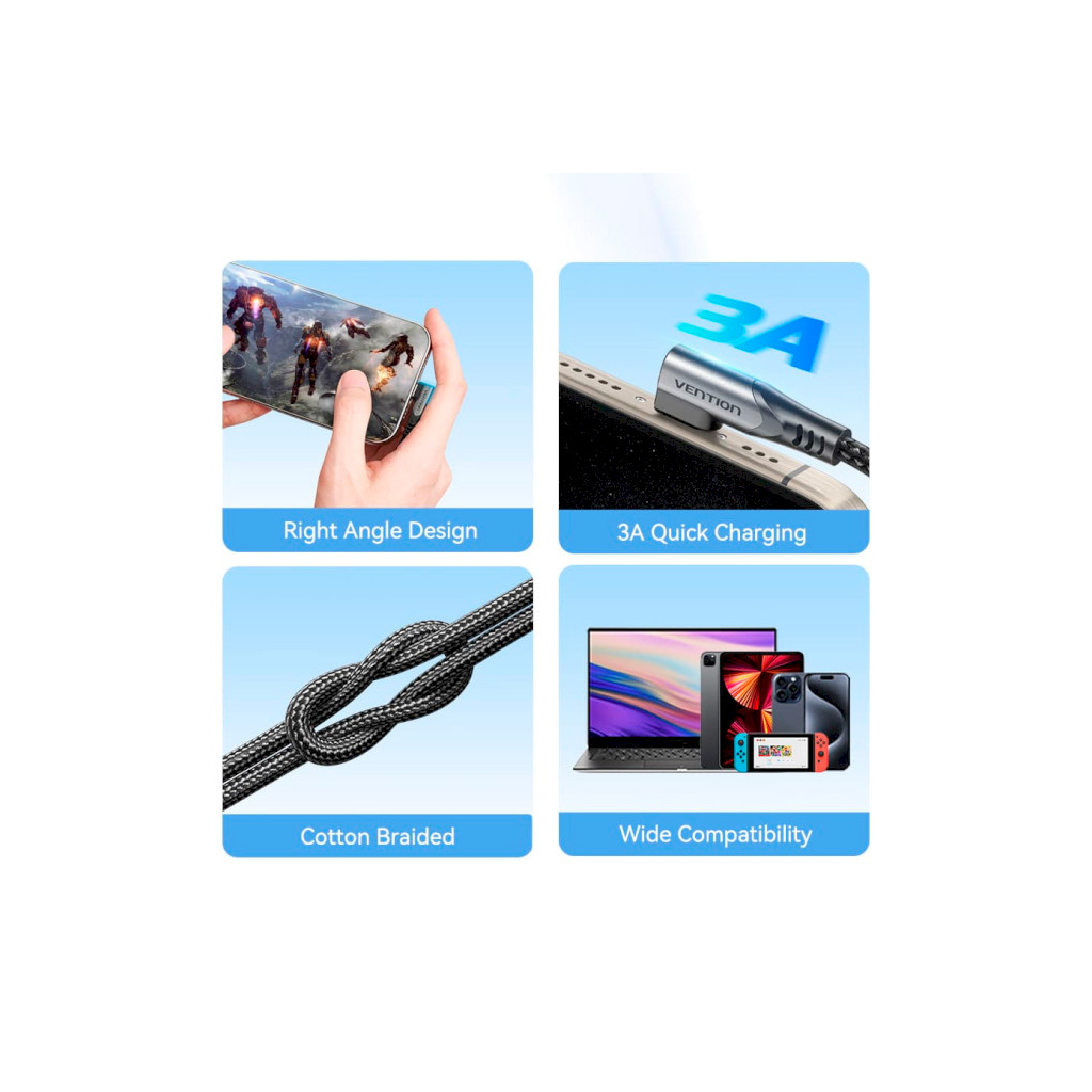 Дата кабель USB-C to USB-C 0.5m USB2.0 60W (20V/3A) angle 90° Gray Aluminum Alloy Vention (TRAHD) - picture 3