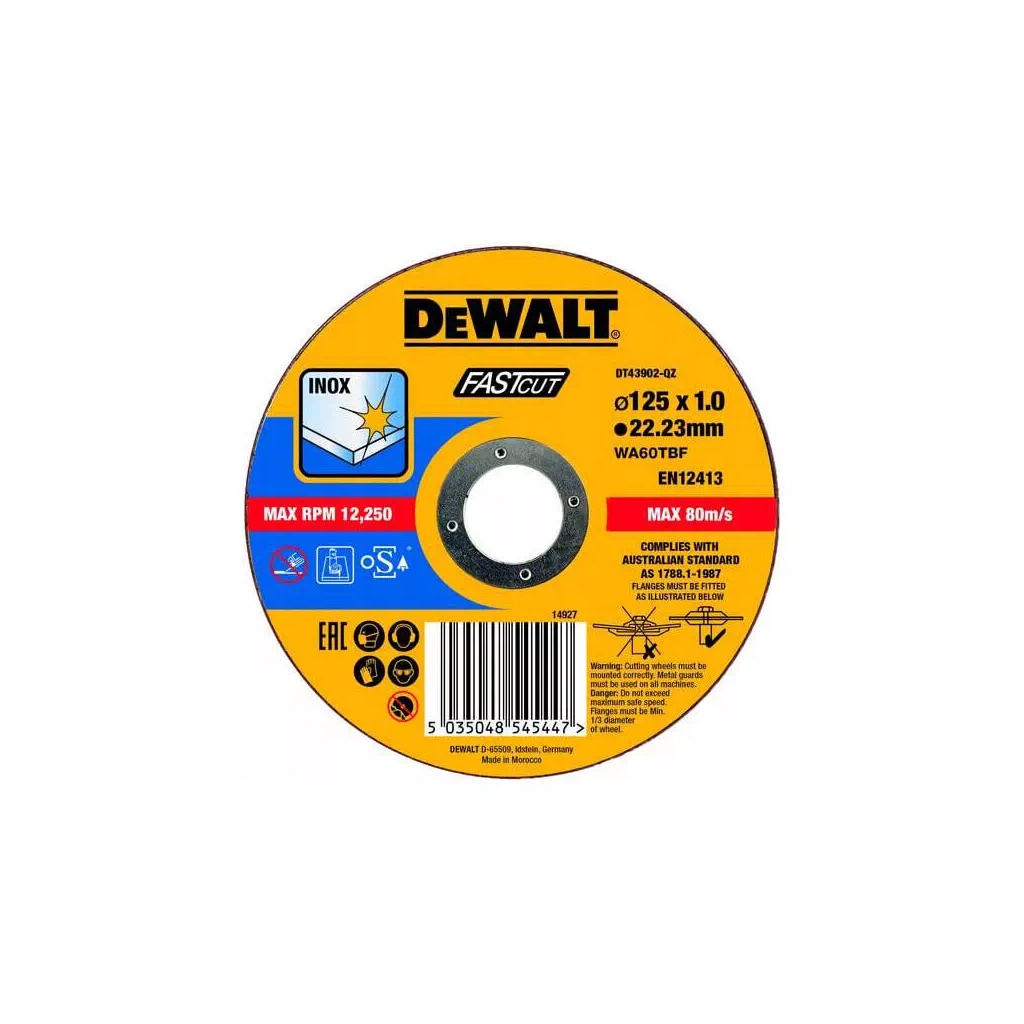 Круг відрізний DeWALT INOX FASTCUT, нержавіюча сталь/листовий метал, 125х1х22.23 мм (DT43902) - зображення 1