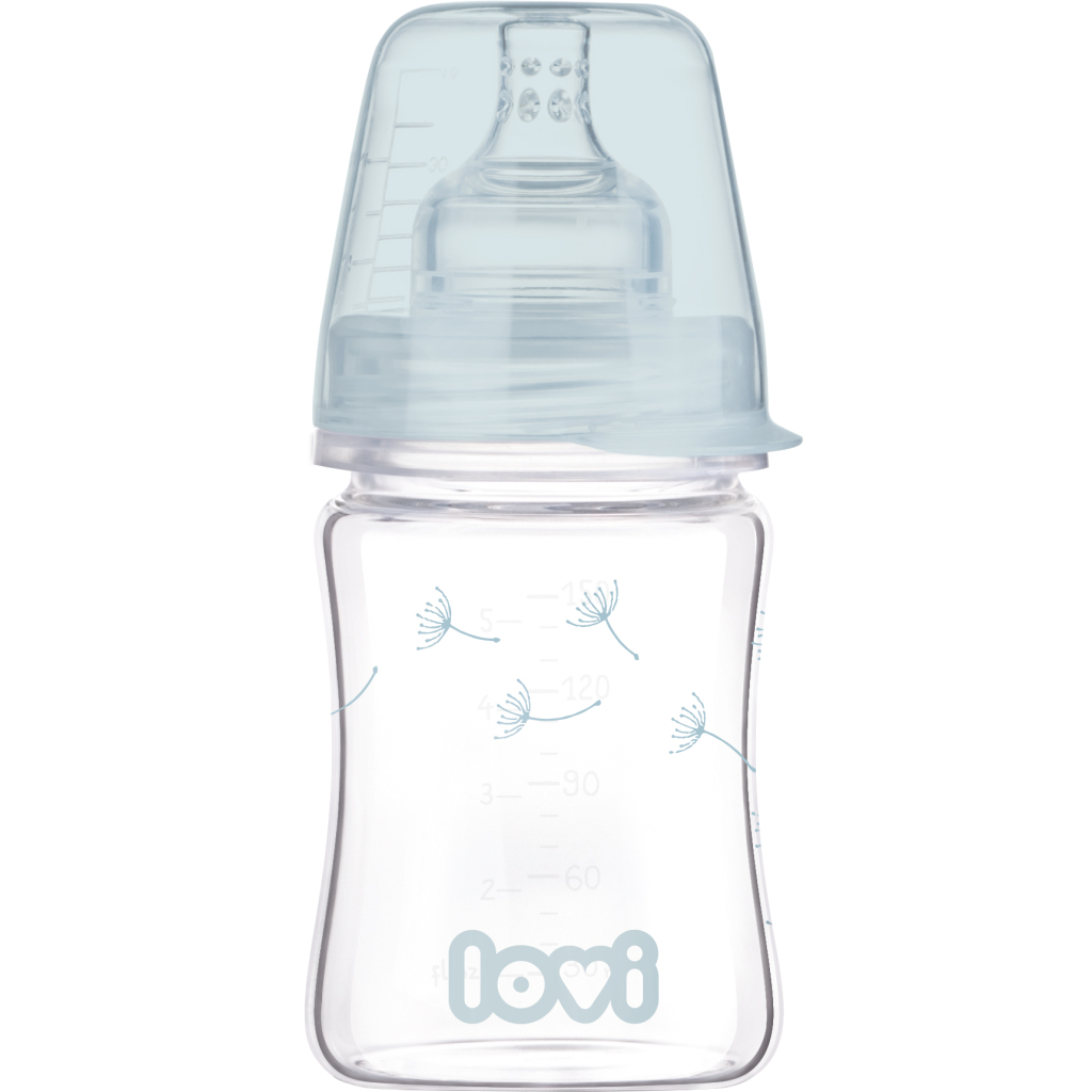 Пляшечка для годування Lovi Diamond Glass Botanic скляна 150 мл Світло-синя (74/105) - зображення 1
