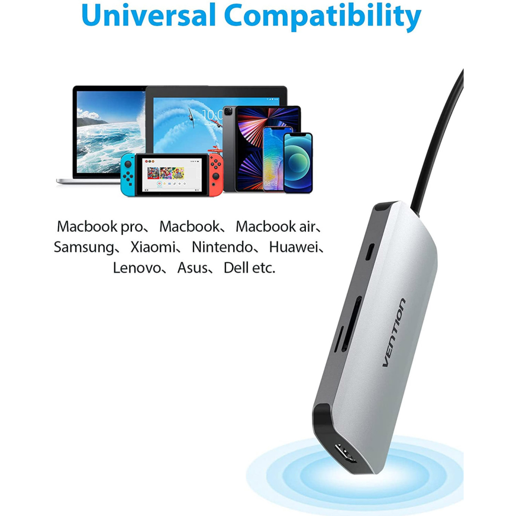 Концентратор Vention USB-C to HDMI/3xUSB 3.0/SD/TF/PD Aluminum Alloy 0.15m gray (TOJHB) - зображення 5