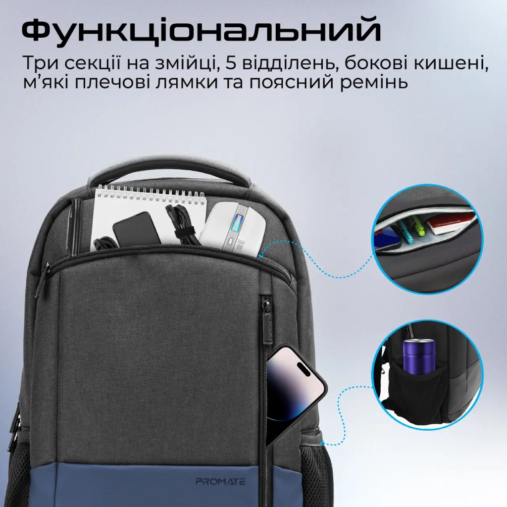 Рюкзак для ноутбука Promate 15.6" Satchel-BP Blue (satchel-bp.blue) - зображення 3