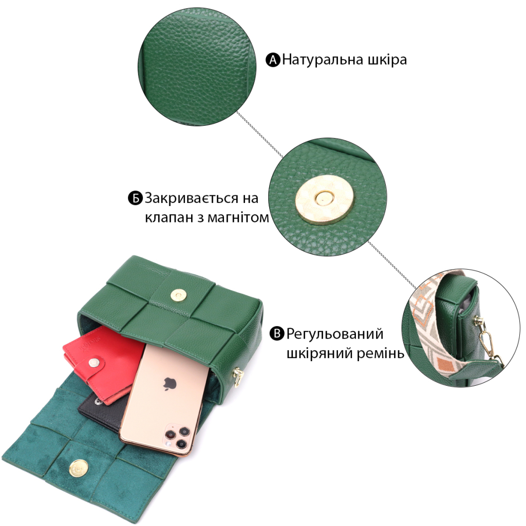 Сумка Vintage Компактна жіноча з плетінням з натуральної шкіри Зелена (22312) - зображення 4