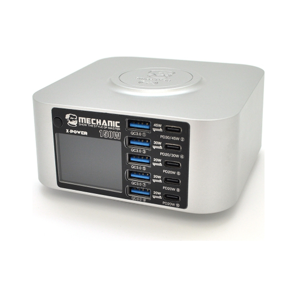 Зарядний пристрій MECHANIC 5xUSB-C PD + 5xUSB QC3.0 + Wireless Charging 15W LED indication 150W black (X-Power-150W) - зображення 2