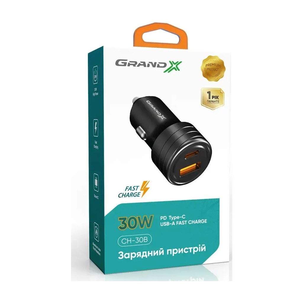 Зарядний пристрій Grand-X CH-30B 30W 1xUSB + 1xUSB-C PD + QC3.0 AFC FCP SCP VOOC Black (CH-30B) - зображення 3