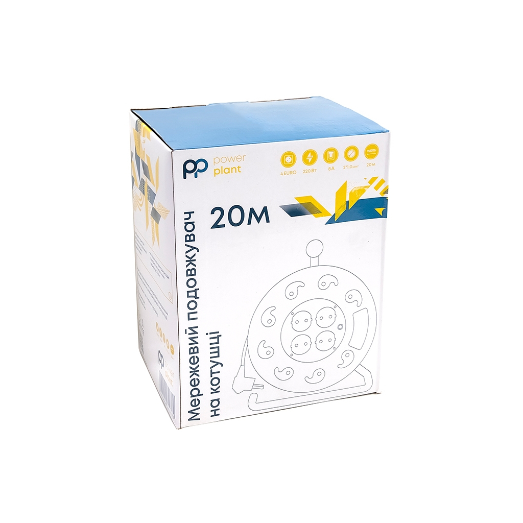 Мережевий подовжувач PowerPlant катушка 20 м, 2x1.0мм2, 8А, 4 розетки (JY-2000/20) (PPRA08M200S4) - зображення 4
