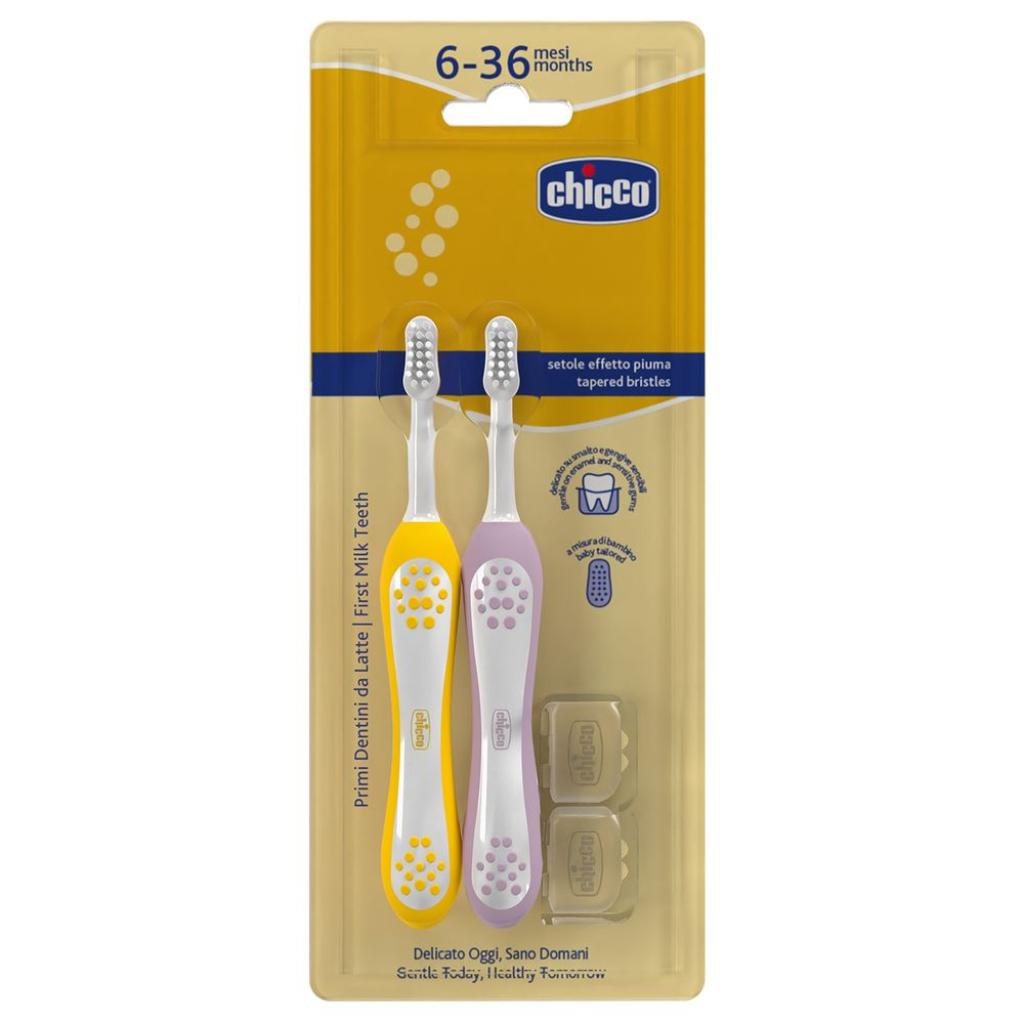 Дитяча зубна щітка Chicco 6-36 міс., 2 шт. бузково/жовта (8058664174706) (12082.00) - изображение 1