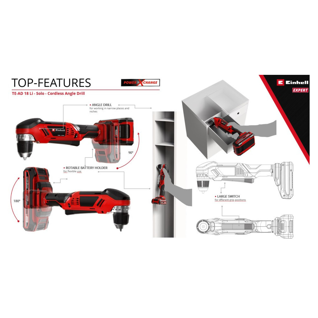 Дриль Einhell кутова TE-AD 18 Li - Solo PXC 18В, 1100 об/хв, 45Нм (без АКБ та ЗП) (4514290) - изображение 11
