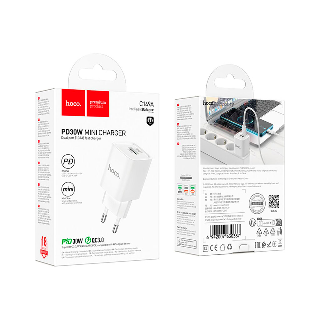 Зарядний пристрій HOCO C149A Charm 1xUSB-C PD30W + 1xUSB QC3.0 White (6942007630337) - зображення 6