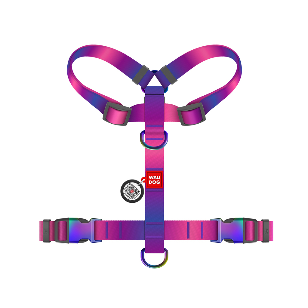 Шлея для собак WAUDOG Nylon Recycled анатомічна H-подібна з QR паспортом, градієнт, L фіолетова (52889) - зображення 2