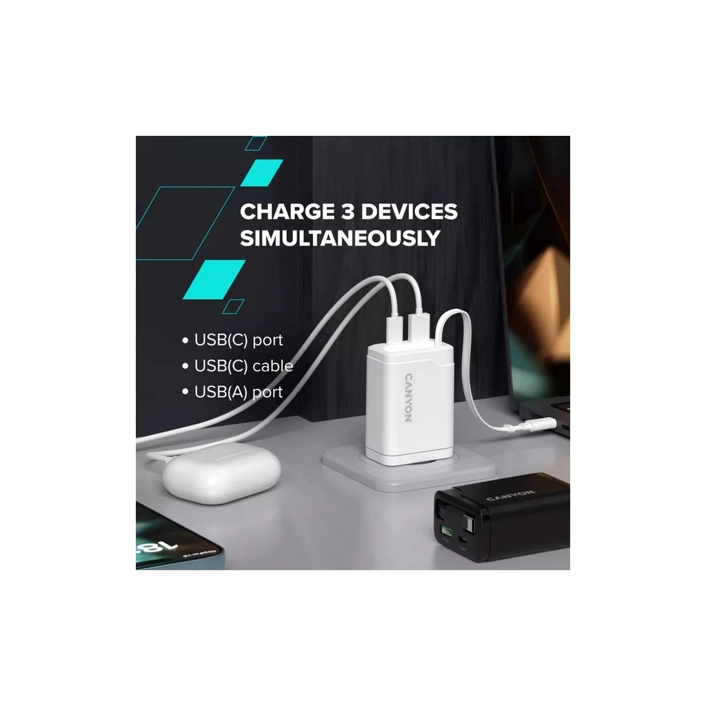 Зарядний пристрій Canyon 1xUSB-C PD65W + 1xUSB QC3.0 + cable USB-C to USB-C black (CNS-CURC65ACB) - изображение 10
