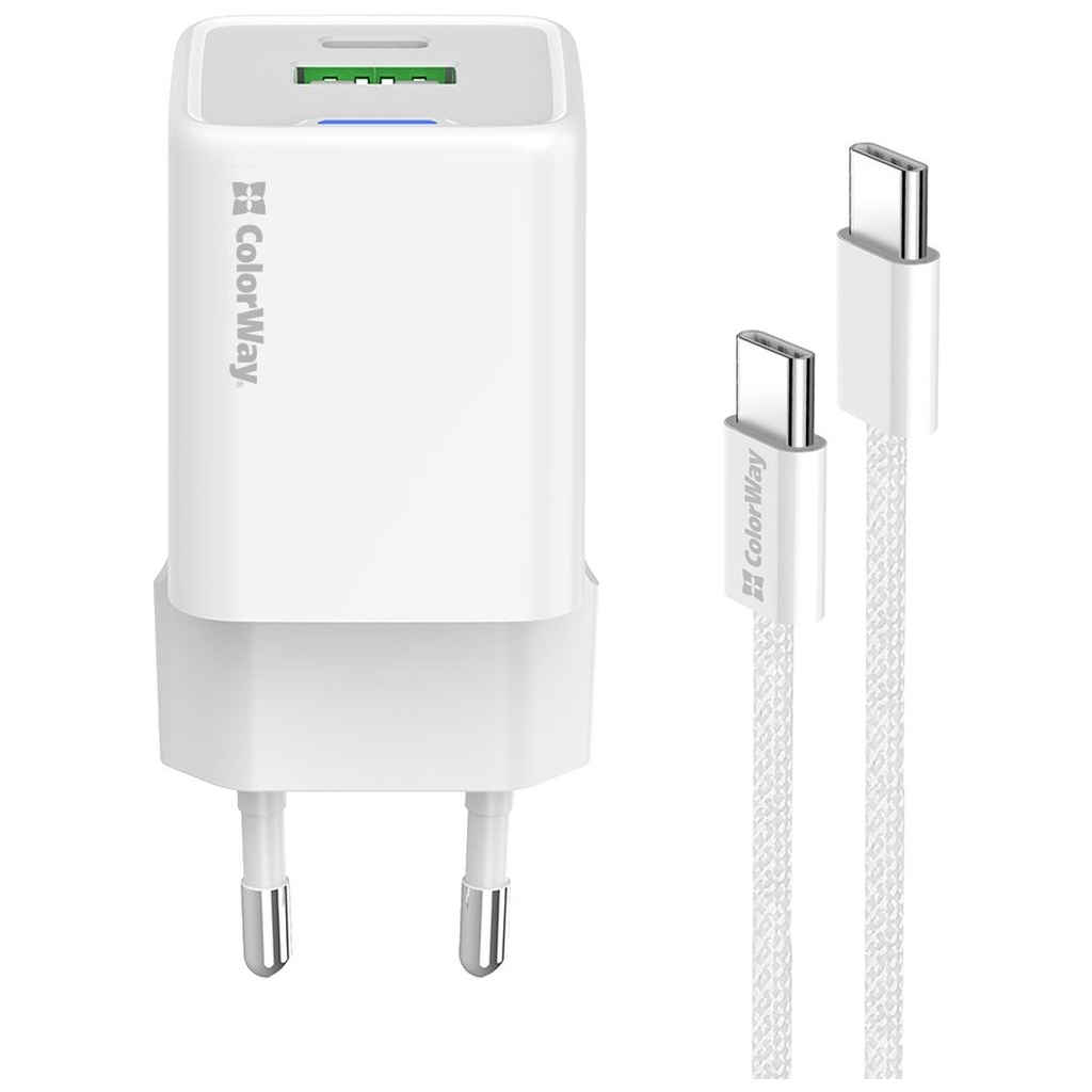 Зарядний пристрій ColorWay C101A GaN Mini 20W PD PPS USB-C + USB-A QC4.0 + cable USB-C to USB-C black (CW-CHS062PDC-WT) - изображение 3