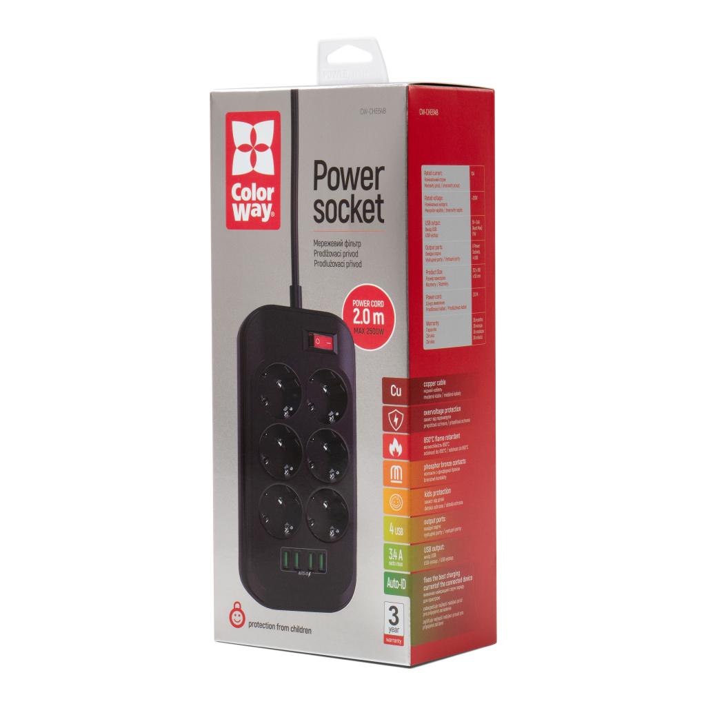 Мережевий фільтр живлення ColorWay CW-CHE64B, 6 розеток/4USB Black (CW-CHE64B) - зображення 8