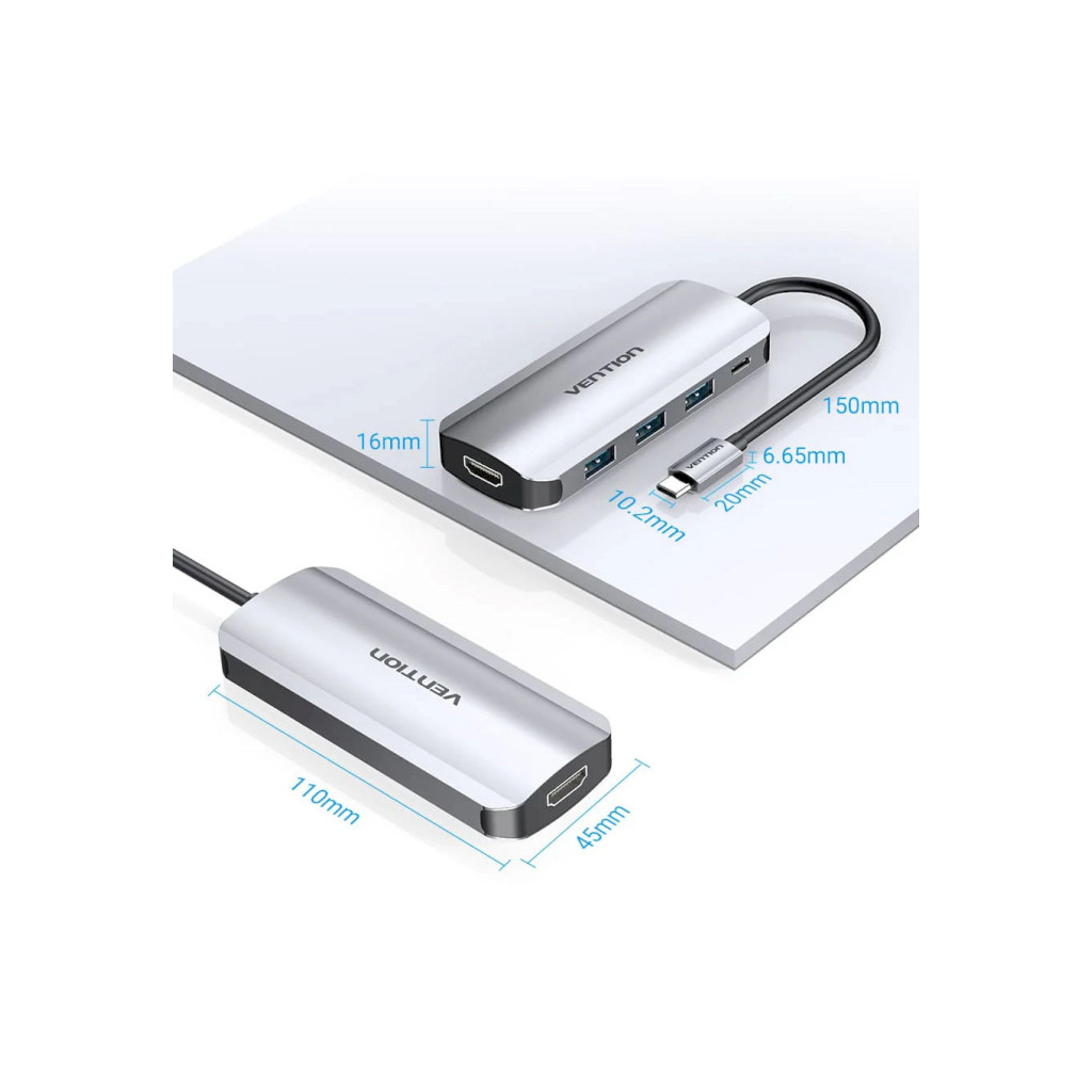 Концентратор Vention USB 3.1 Type-C to HDM/USB 3.0х3//PD 100W 5-in-1 (THFHB) - изображение 4