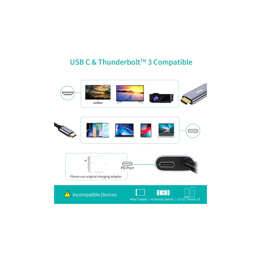 Кабель мультимедійний USB-C to HDMI M 1.8m 4K60Hz Choetech (XCH-M180GY) - изображение 4