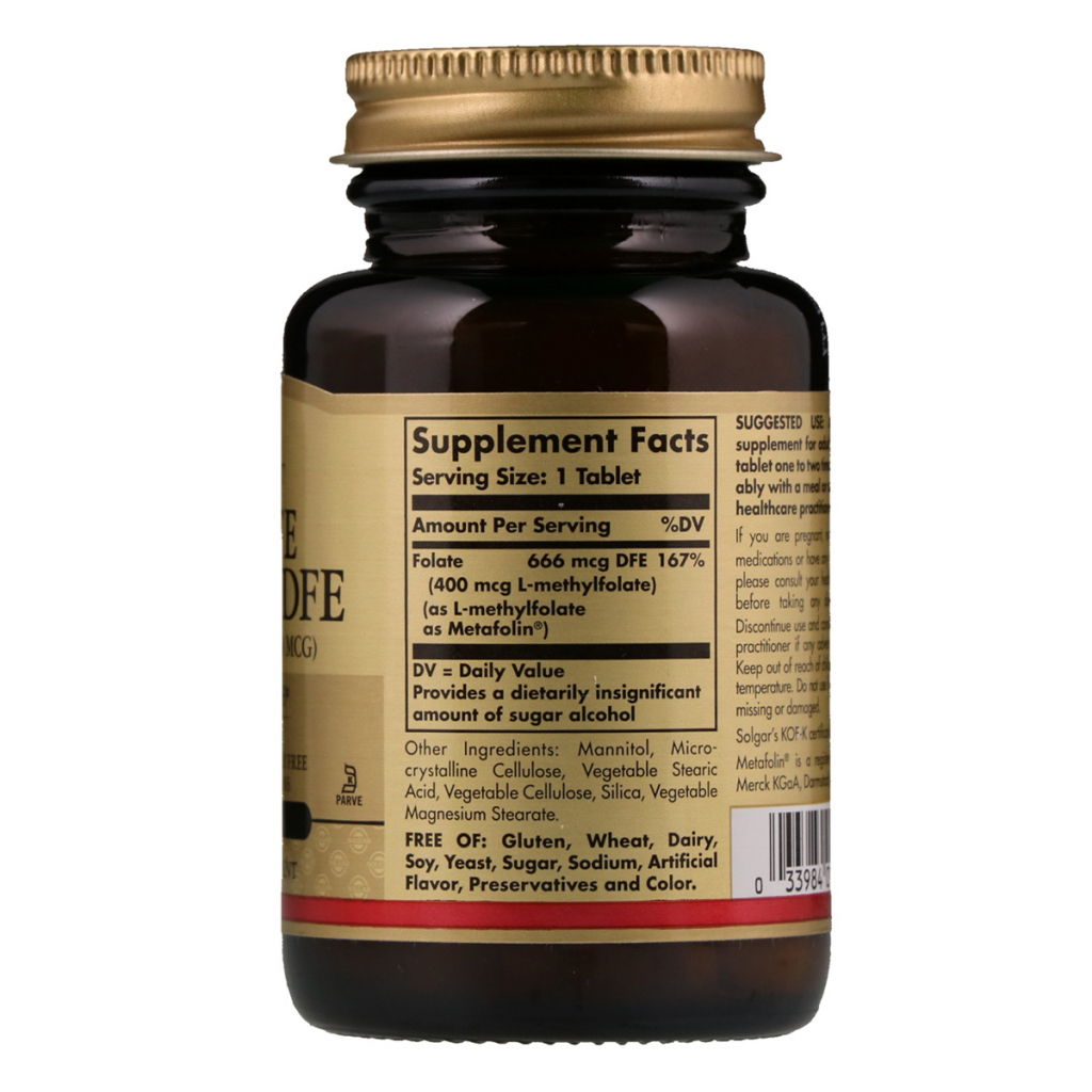Вітамін Solgar Фолієва кислота (В9), Метафолін, Metafolin, 400 мкг, 100 таб (SOL-01941) - изображение 2