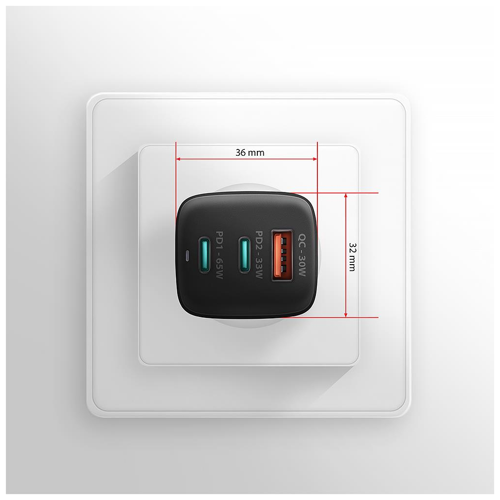 Зарядний пристрій AXAGON 1xUSB + 2xUSB-C 65W QC4+ PD3.0 PPS black (ACU-DPQ65) - зображення 9