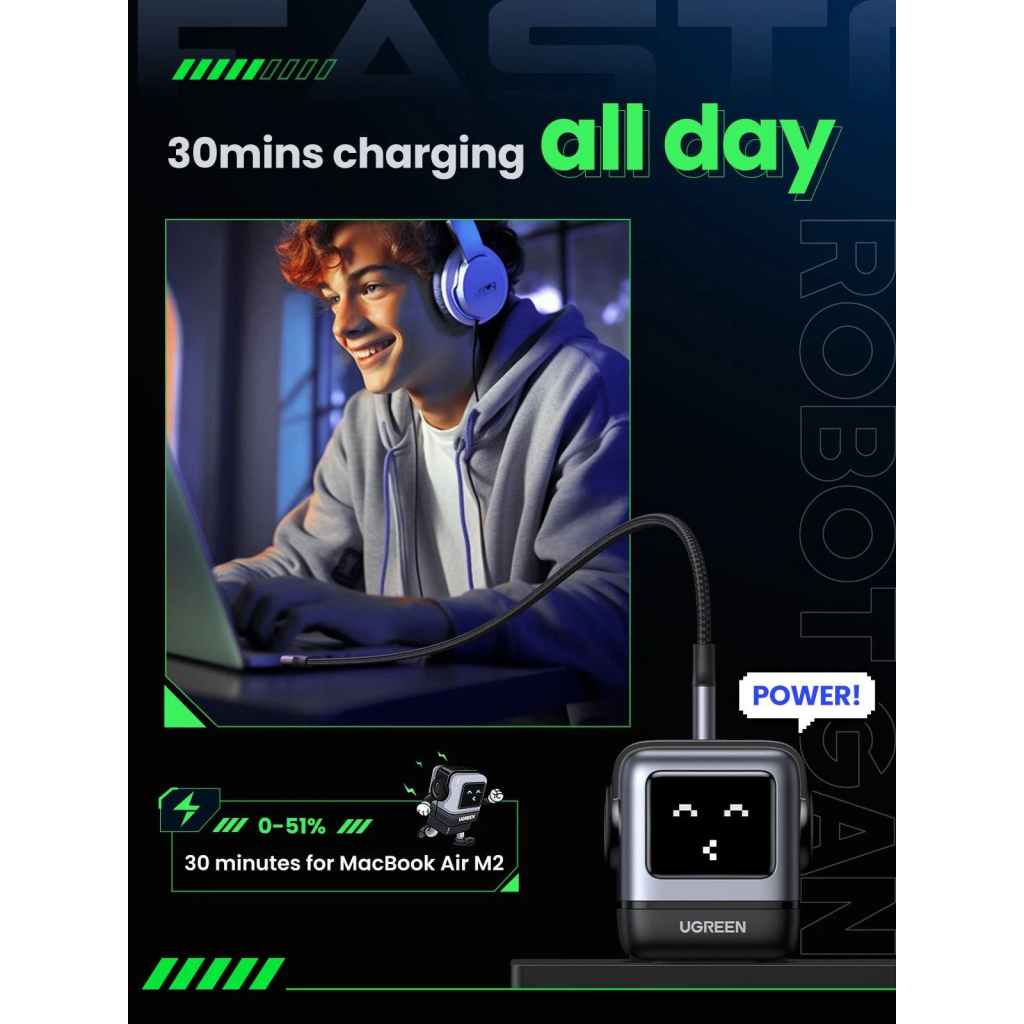 Зарядний пристрій Ugreen 1xUSB + 2xUSB-C 65W GaN CD361 gray (25685B) - изображение 8