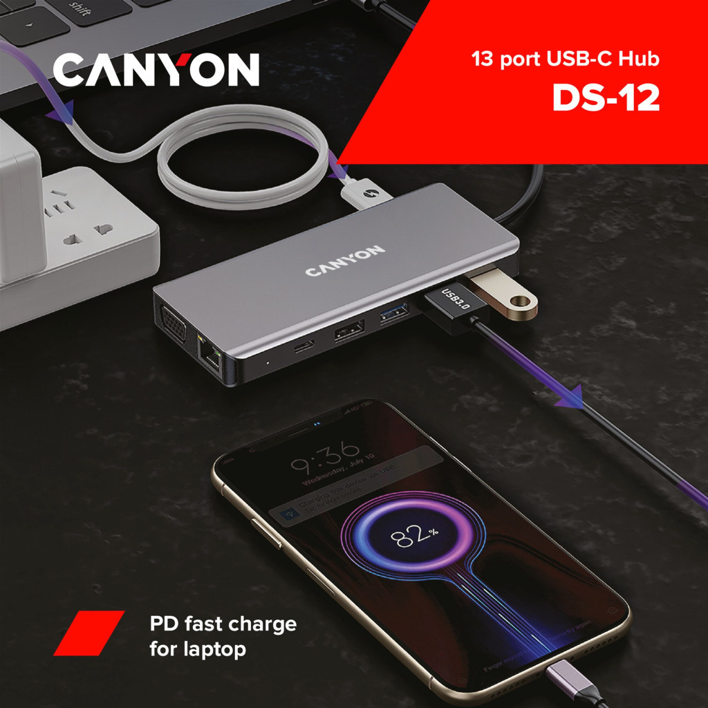 Порт-реплікатор Canyon DS-12, 13 in 1 USB-C hub, 2*HDMI, Gigabit Ethernet, VGA, 3*USB3.0, PD/100W, 3.5mm audio jack (CNS-TDS12) - зображення 3