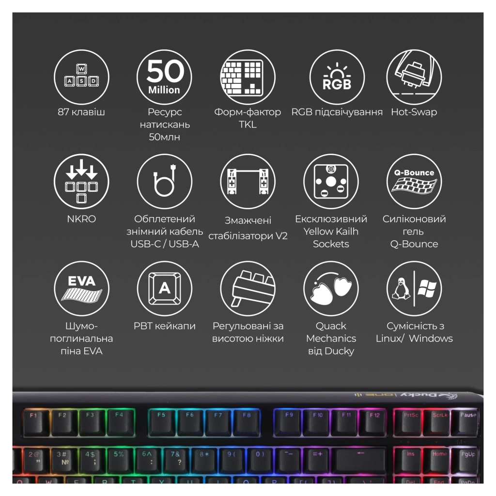 Клавіатура Ducky One 3 TKL Cherry MX Brown RGB UA USB Black (DKON2187ST-BUAPXCLAWSC1) - зображення 4