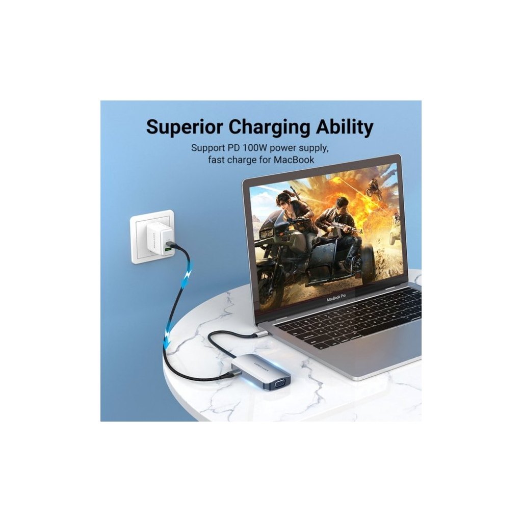 Концентратор Vention USB3.1 Type-C --> HDMI/VGA/USB 3.0/PD 100W Hub 4-in-1 (TOAHB) - зображення 5