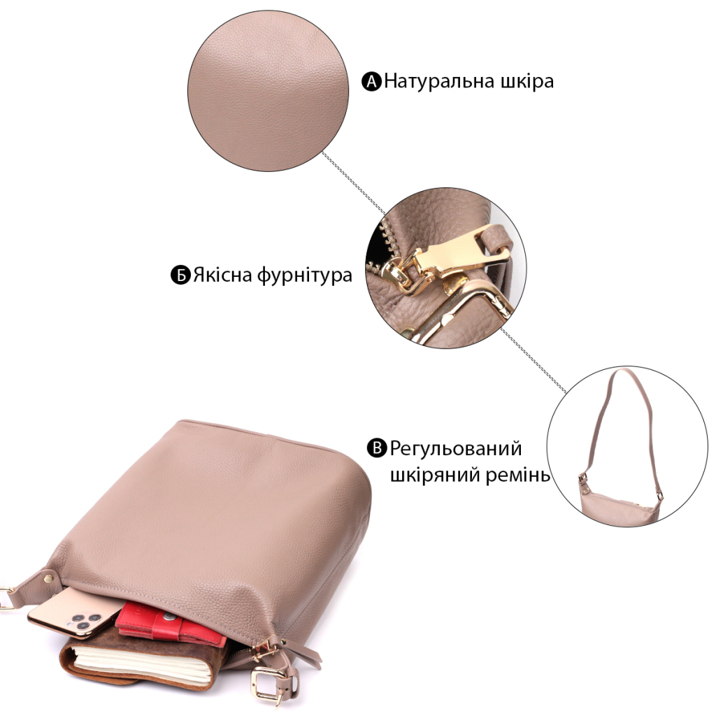 Сумка Vintage Жіноча з однією довгою ручкою з натуральної шкіри Бежева (22306) - зображення 4