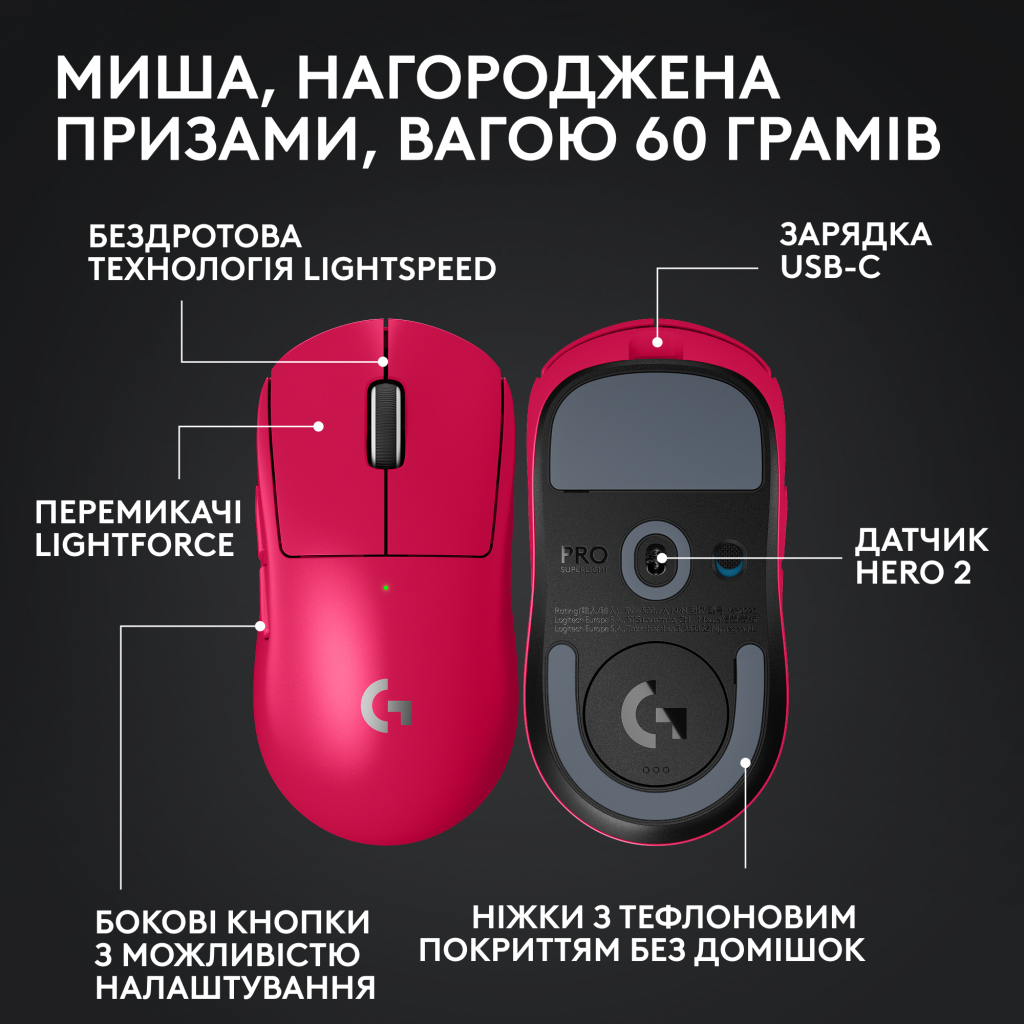 Мишка Logitech G Pro X Superlight 2 Lightspeed Wireless Magenta (910-006797) - зображення 6