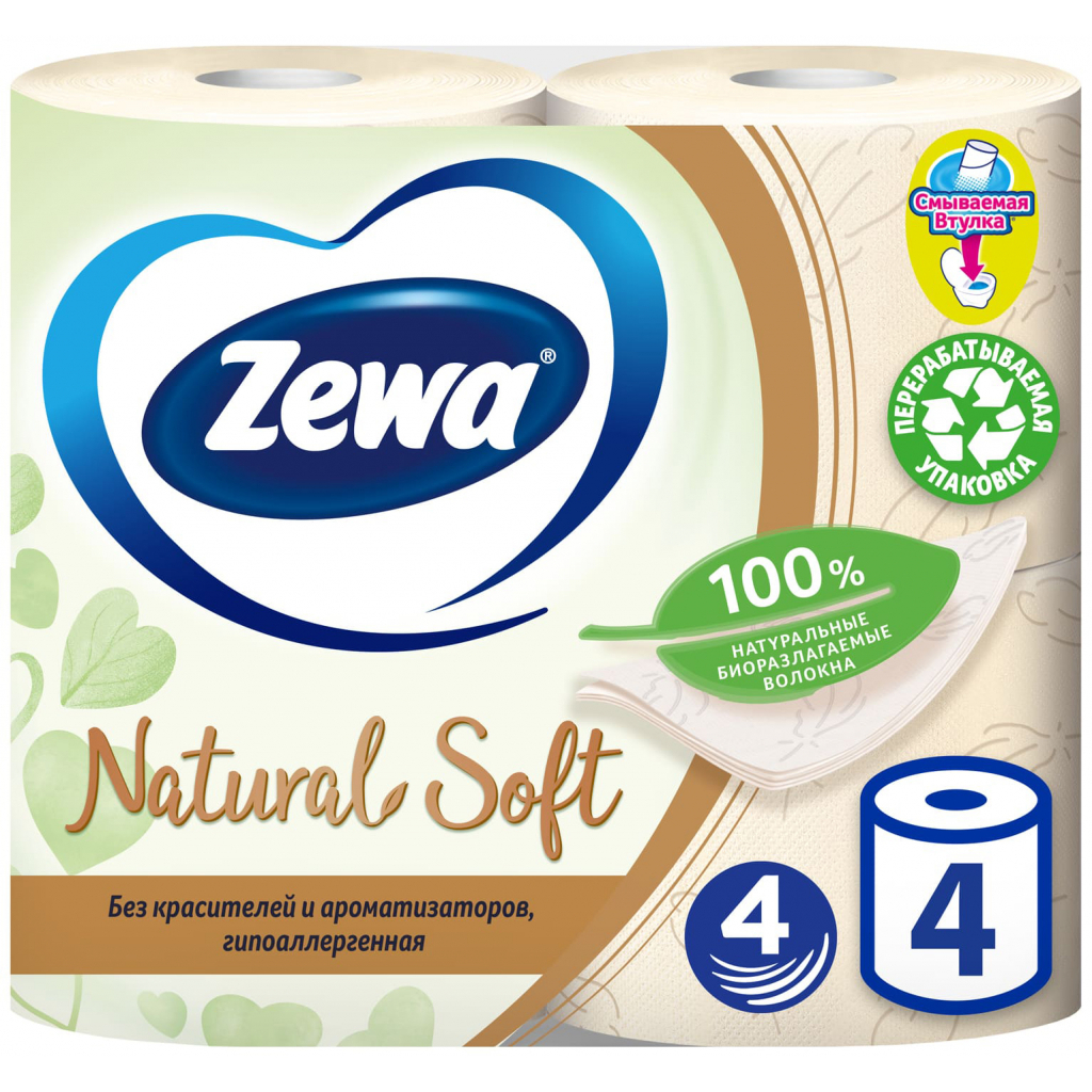 Туалетний папір Zewa Natural Soft 4 шари 4 рулони (7322541270043) - зображення 1