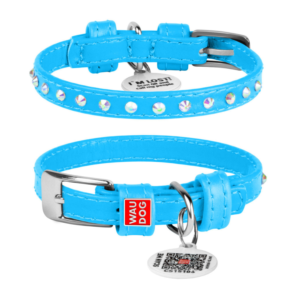 Нашийник для тварин WAUDOG Glamour з QR-паспортом з стразами XXS Ш 9 мм Д 18-21 см блакитний (32502) - зображення 1