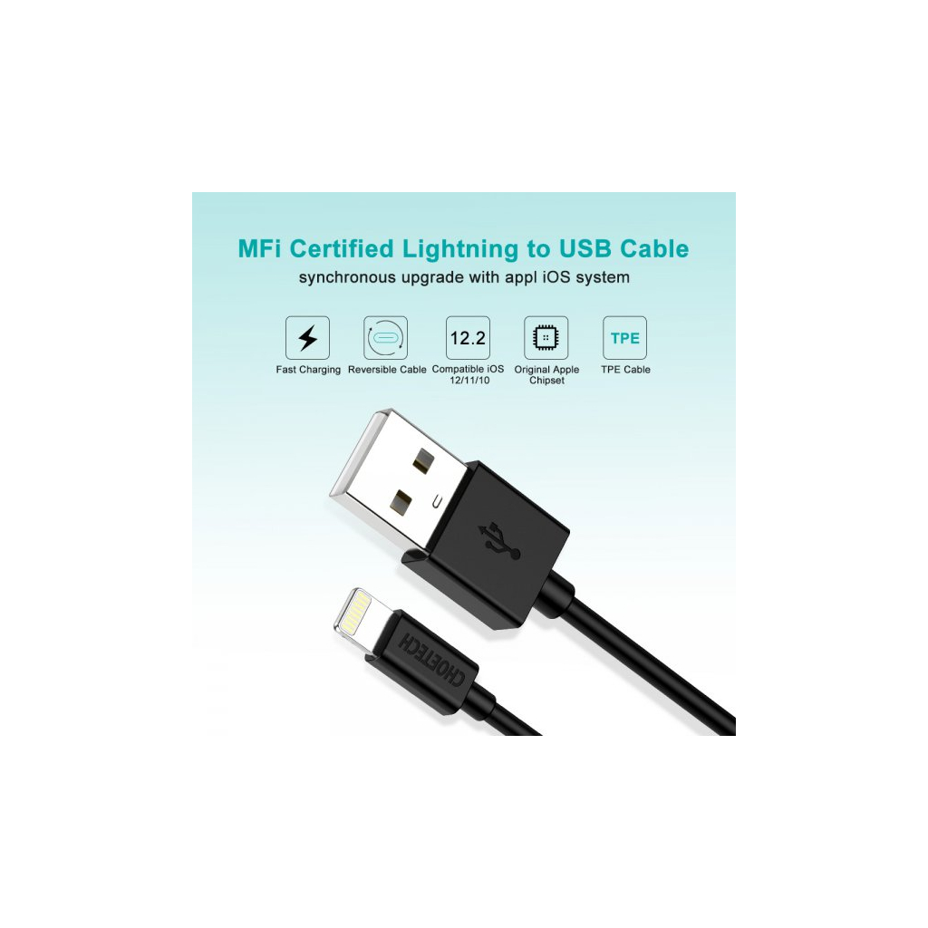 Дата кабель USB 2.0 AM to Lightning 1.8m 2.1A MFI Black Choetech (IP0027-BK) - picture 5